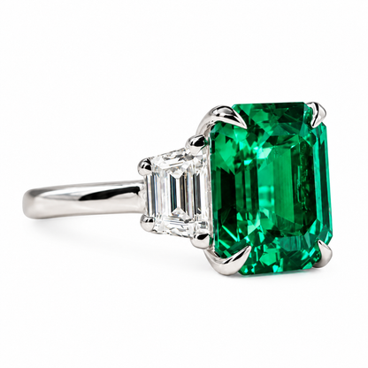 5.00 CT Emerald Cut Emerald Engagement Ring with Trapezoid 14K Solid White Gold, Emerald Three Stone Ladies Ring, Unique Emerald Wedding Ring  #7080