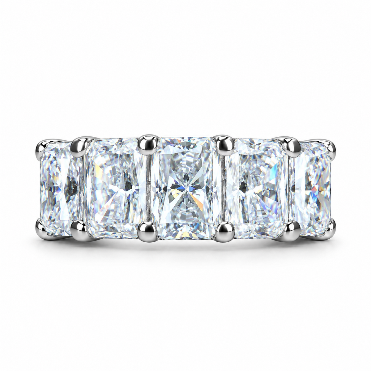 Radiant Cut Moissanite Wedding Band, Five Stone Radiant Cut Moissanite Anniversary Ring For Her, 14k White Gold Moissanite Ladies Band #7101