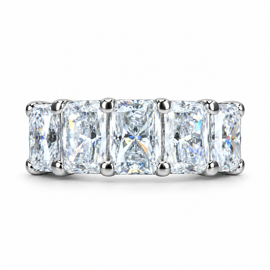 Radiant Cut Moissanite Wedding Band, Five Stone Radiant Cut Moissanite Anniversary Ring For Her, 14k White Gold Moissanite Ladies Band #7101