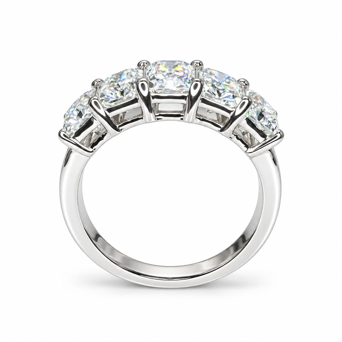 Radiant Cut Moissanite Wedding Band, Five Stone Radiant Cut Moissanite Anniversary Ring For Her, 14k White Gold Moissanite Ladies Band #7101