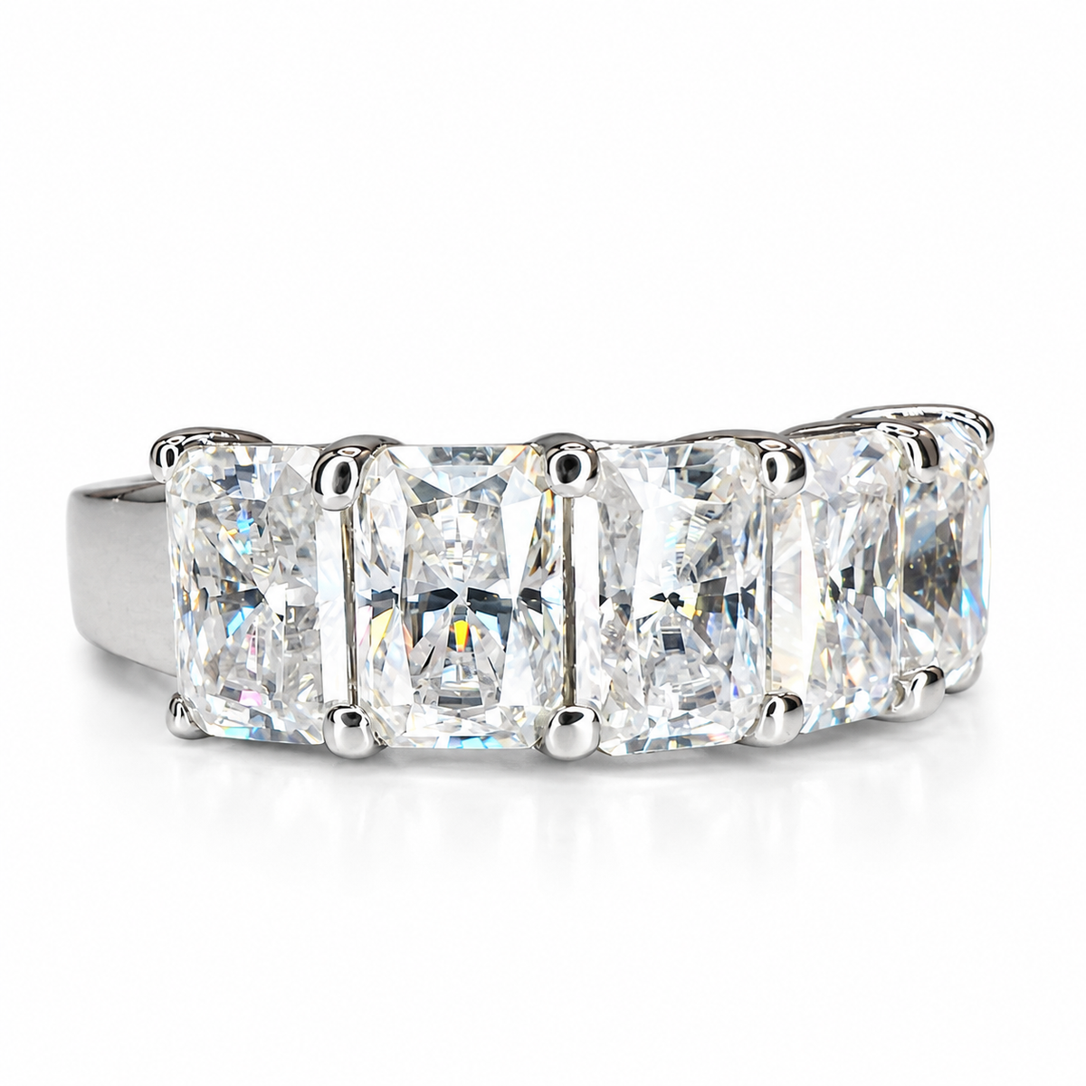 Radiant Cut Moissanite Wedding Band, Five Stone Radiant Cut Moissanite Anniversary Ring For Her, 14k White Gold Moissanite Ladies Band #7101