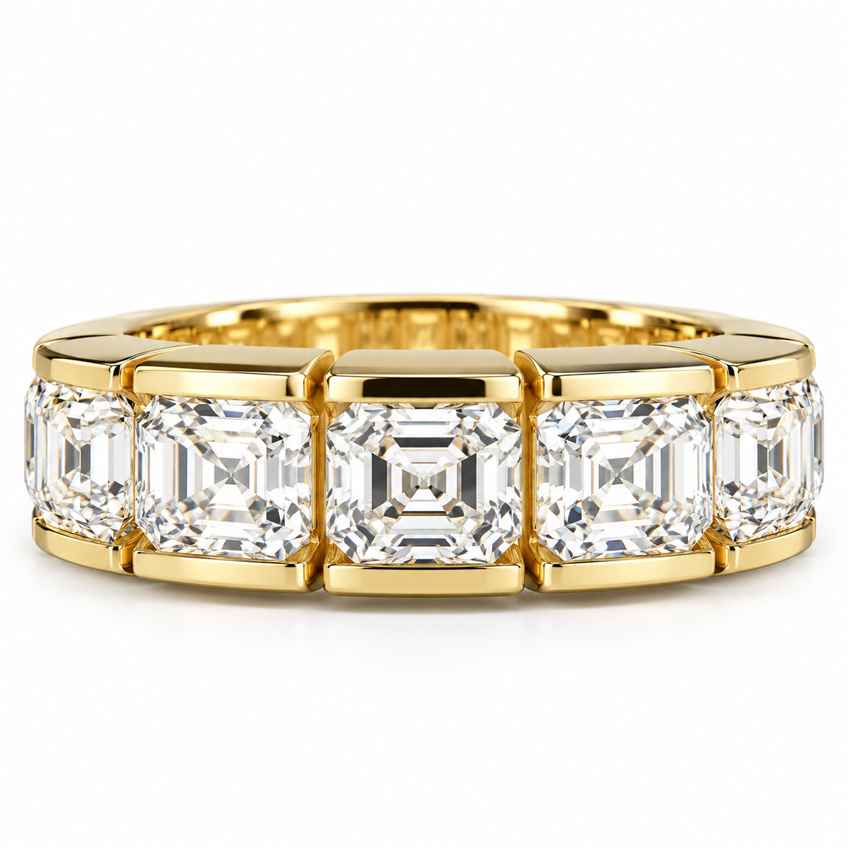 Asscher cut 6 stone bezel set moissanite simple wedding band 14k solid gold, stacking half eternity band, handmade thick wedding band