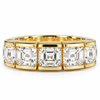 Asscher cut 6 stone bezel set moissanite simple wedding band 14k solid gold, stacking half eternity band, handmade thick wedding band