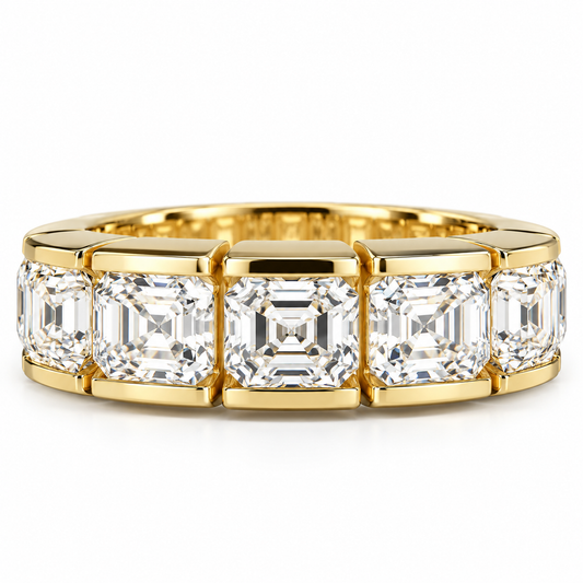 Asscher cut 6 stone bezel set moissanite simple wedding band 14k solid gold, stacking half eternity band, handmade thick wedding band