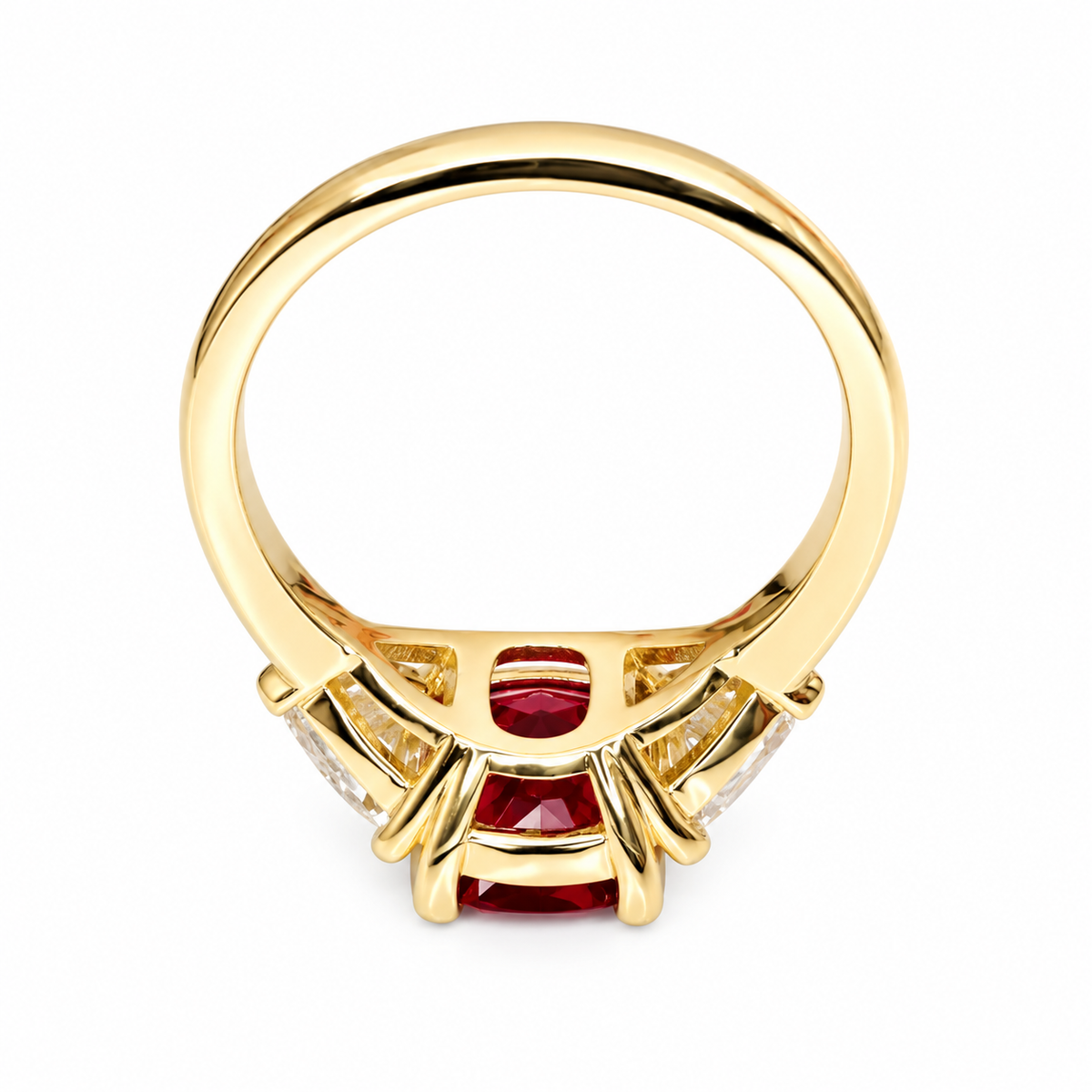 3.30 CT Ruby Cushion Cut And Moissanite Engagement Ring, Three Stone Ruby And Moissanite Ring, 14k Gold Elongated Cushion Cut Ruby Ring   #6853