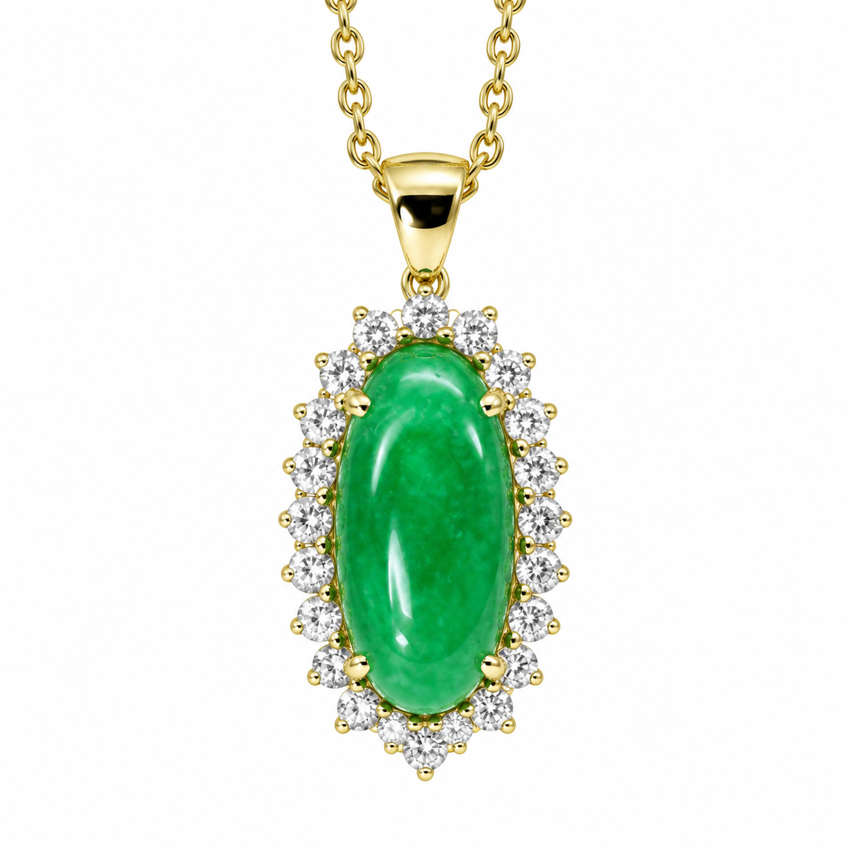 Cabochon Oval Jade And Moissanite Halo Pendant Cabochon Jade Pendant Necklace Unique Elongated Oval Green Jade Lucky Necklace Pendant