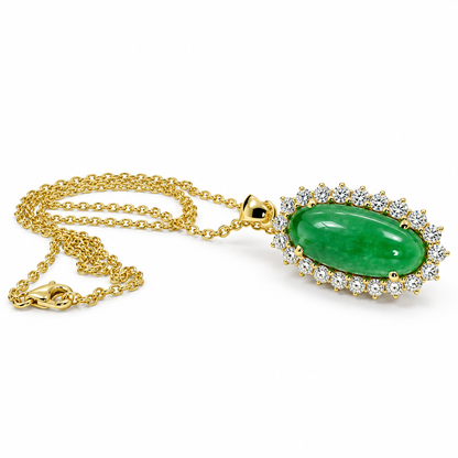 Cabochon Oval Jade And Moissanite Halo Pendant Cabochon Jade Pendant Necklace Unique Elongated Oval Green Jade Lucky Necklace Pendant