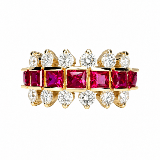 Three Row Ruby and Lab Diamond Wedding Band 14K Solid Gold Princess Cut Ruby Wedding Band Dainty Stacking Band For Women Graduation #8716