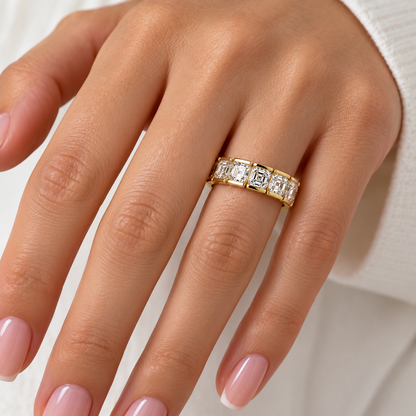 Asscher cut 6 stone bezel set moissanite simple wedding band 14k solid gold, stacking half eternity band, handmade thick wedding band