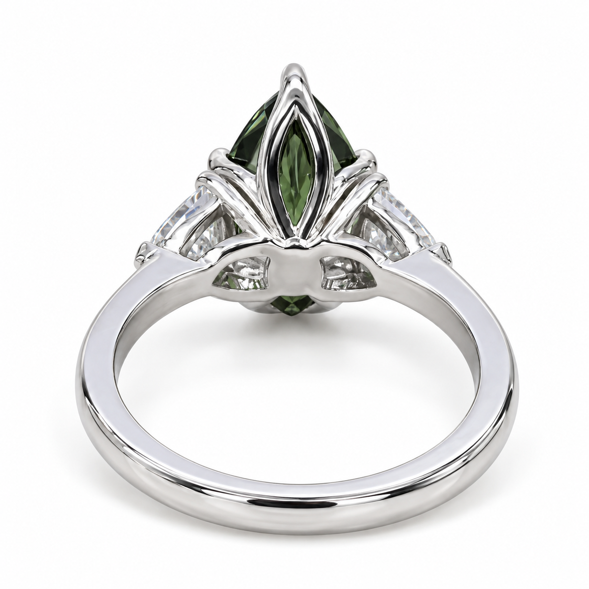 Pear Shape Olive Green Sapphire Engagement Ring White Gold Three Stone Sapphire Engagement ring Unique Wedding Promise Anniversary Ring 7408
