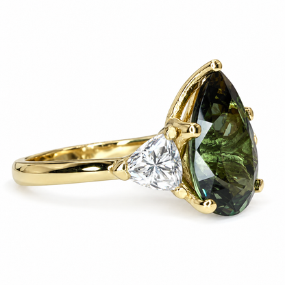 Pear Shape Olive Green Sapphire Engagement Ring White Gold Three Stone Sapphire Engagement ring Unique Wedding Promise Anniversary Ring 7408