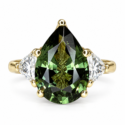 Pear Shape Olive Green Sapphire Engagement Ring White Gold Three Stone Sapphire Engagement ring Unique Wedding Promise Anniversary Ring 7408