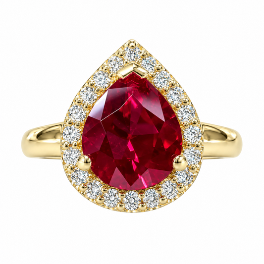 Pear Shaped Ruby With Moissanite Halo Engagement Ring 14K Yellow Gold, Teardrop Pear Solitaire Engagement Ring, Red Gem Wedding Rings, #7485