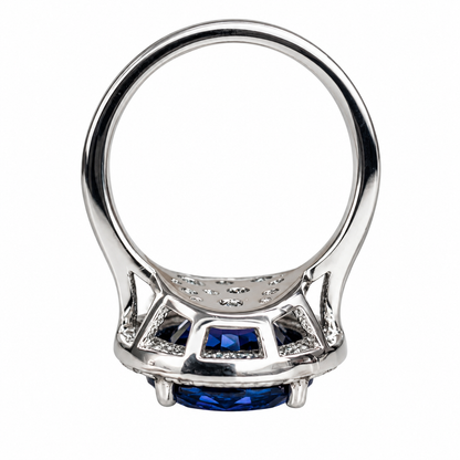 Round Blue Sapphire With Diamond Halo Engagement Ring,14k White Gold Blue Sapphire And Moissanite Halo Wedding Ring, Unique Ladies Ring 5945