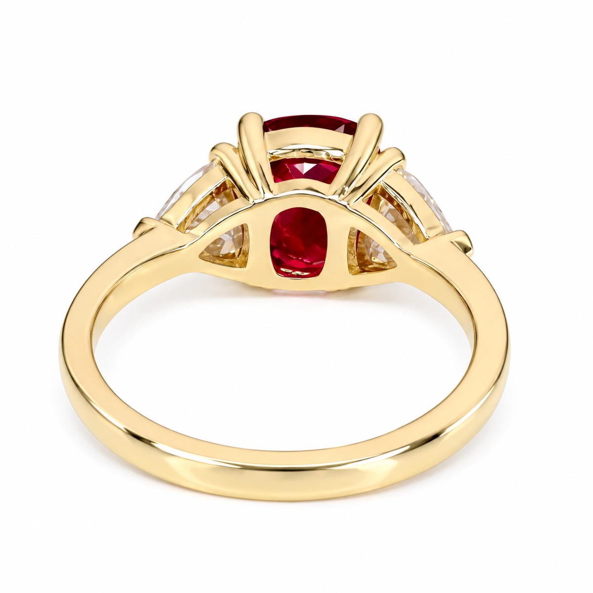3.30 CT Ruby Cushion Cut And Moissanite Engagement Ring, Three Stone Ruby And Moissanite Ring, 14k Gold Elongated Cushion Cut Ruby Ring   #6853