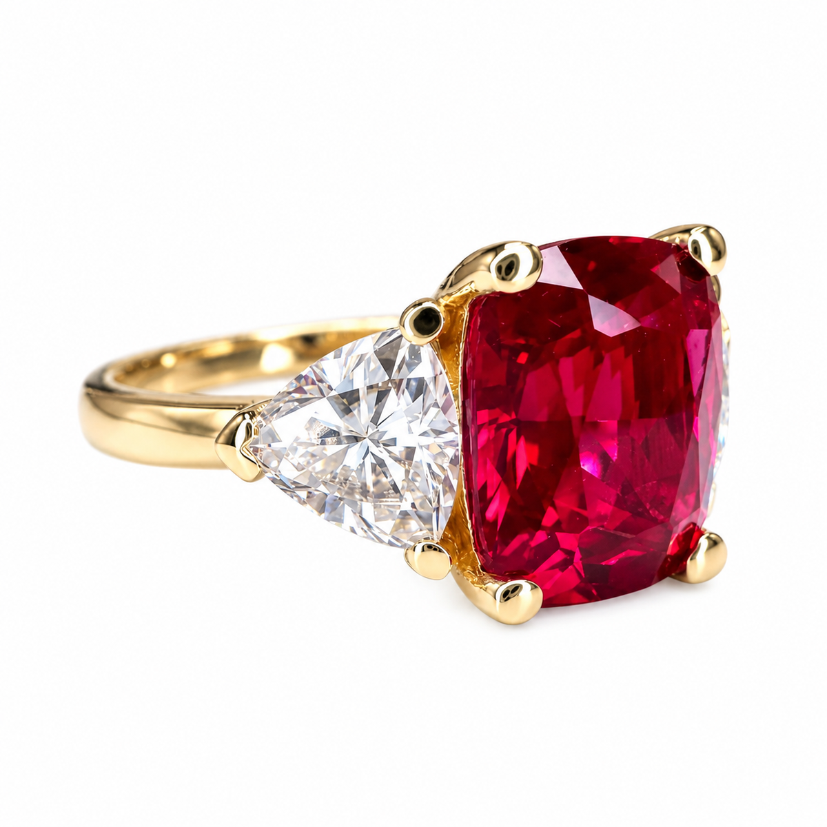 3.30 CT Ruby Cushion Cut And Moissanite Engagement Ring, Three Stone Ruby And Moissanite Ring, 14k Gold Elongated Cushion Cut Ruby Ring   #6853