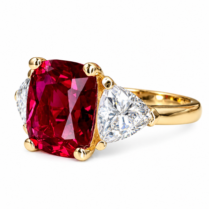 3.30 CT Ruby Cushion Cut And Moissanite Engagement Ring, Three Stone Ruby And Moissanite Ring, 14k Gold Elongated Cushion Cut Ruby Ring   #6853