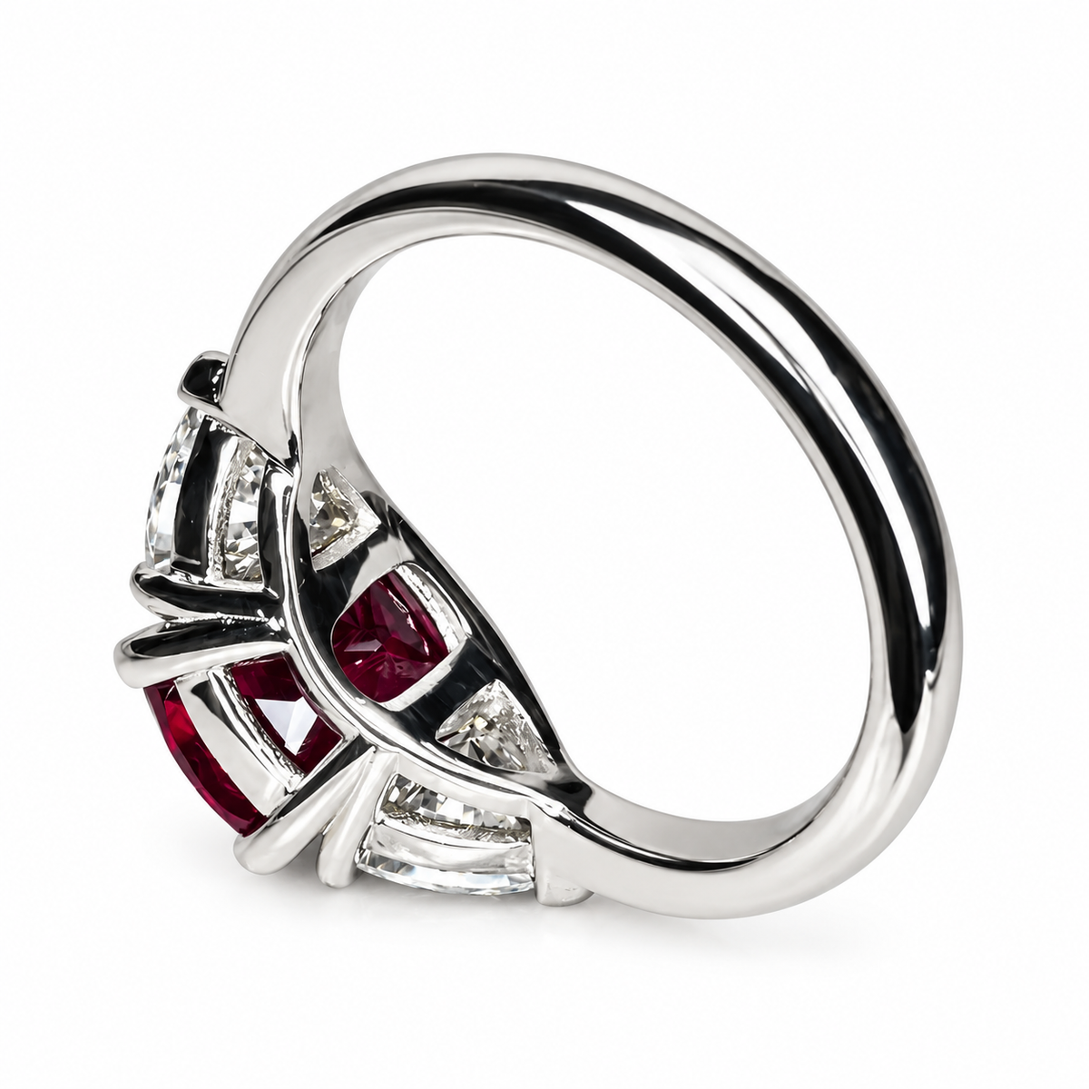 3.30 CT Ruby Cushion Cut And Moissanite Engagement Ring, Three Stone Ruby And Moissanite Ring, 14k Gold Elongated Cushion Cut Ruby Ring   #6853