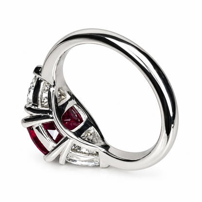 3.30 CT Ruby Cushion Cut And Moissanite Engagement Ring, Three Stone Ruby And Moissanite Ring, 14k Gold Elongated Cushion Cut Ruby Ring   #6853