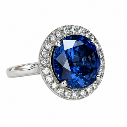 Round Blue Sapphire With Diamond Halo Engagement Ring,14k White Gold Blue Sapphire And Moissanite Halo Wedding Ring, Unique Ladies Ring 5945