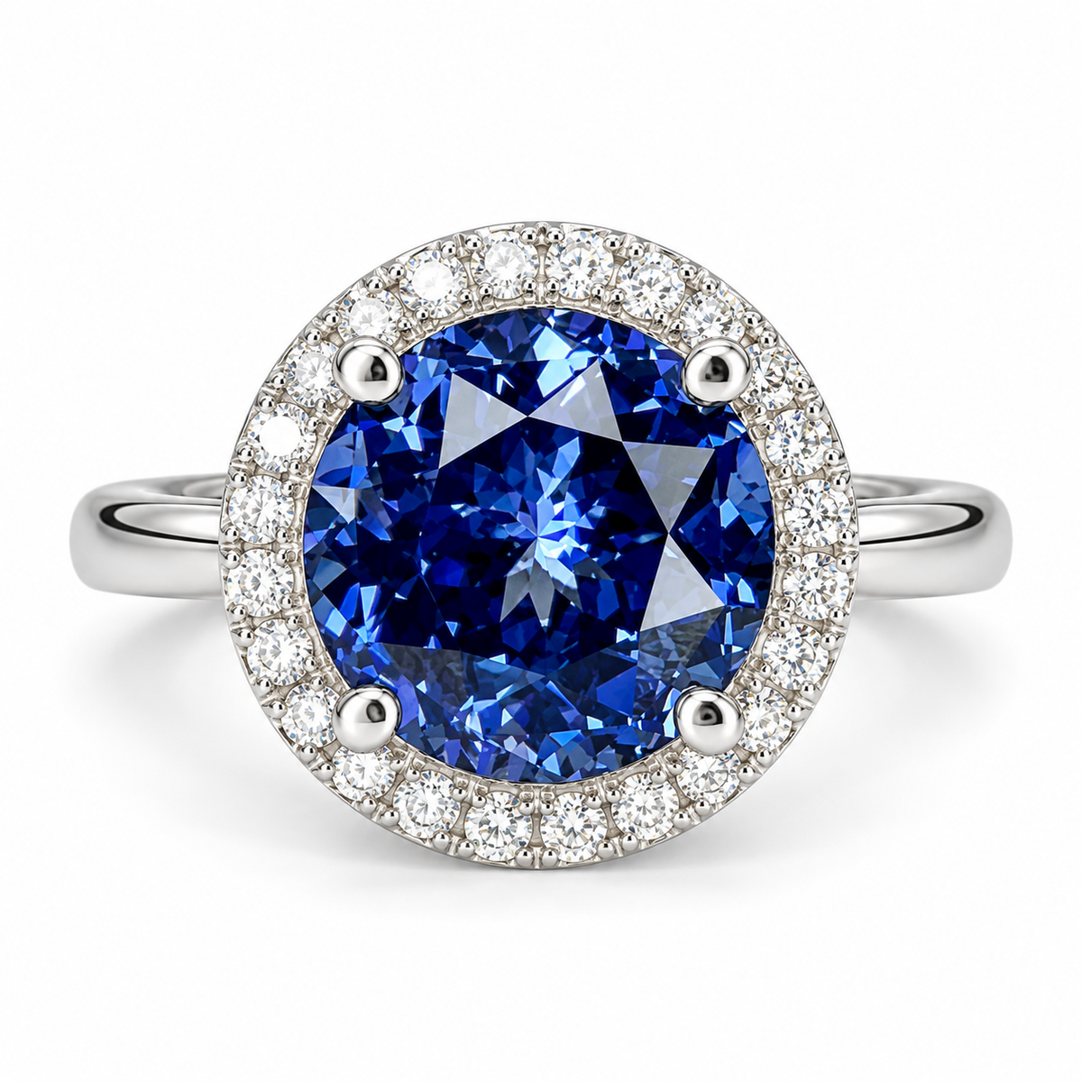 Round Blue Sapphire With Diamond Halo Engagement Ring,14k White Gold Blue Sapphire And Moissanite Halo Wedding Ring, Unique Ladies Ring 5945