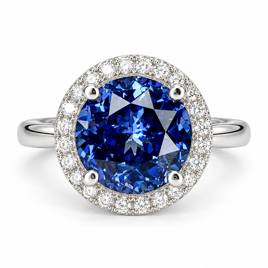 Round Blue Sapphire With Diamond Halo Engagement Ring,14k White Gold Blue Sapphire And Moissanite Halo Wedding Ring, Unique Ladies Ring 5945