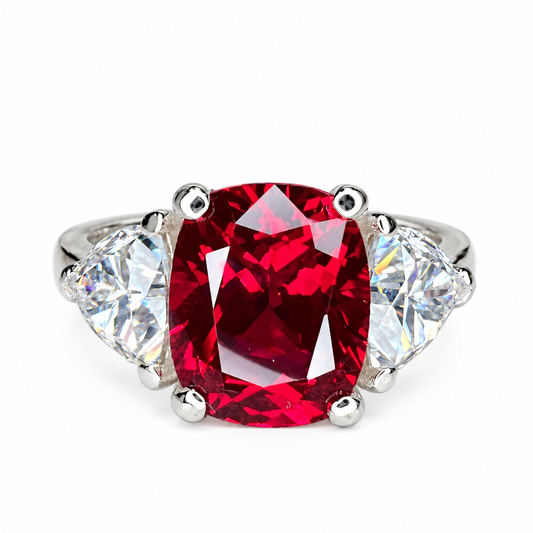 3.30 CT Ruby Cushion Cut And Moissanite Engagement Ring, Three Stone Ruby And Moissanite Ring, 14k Gold Elongated Cushion Cut Ruby Ring   #6853