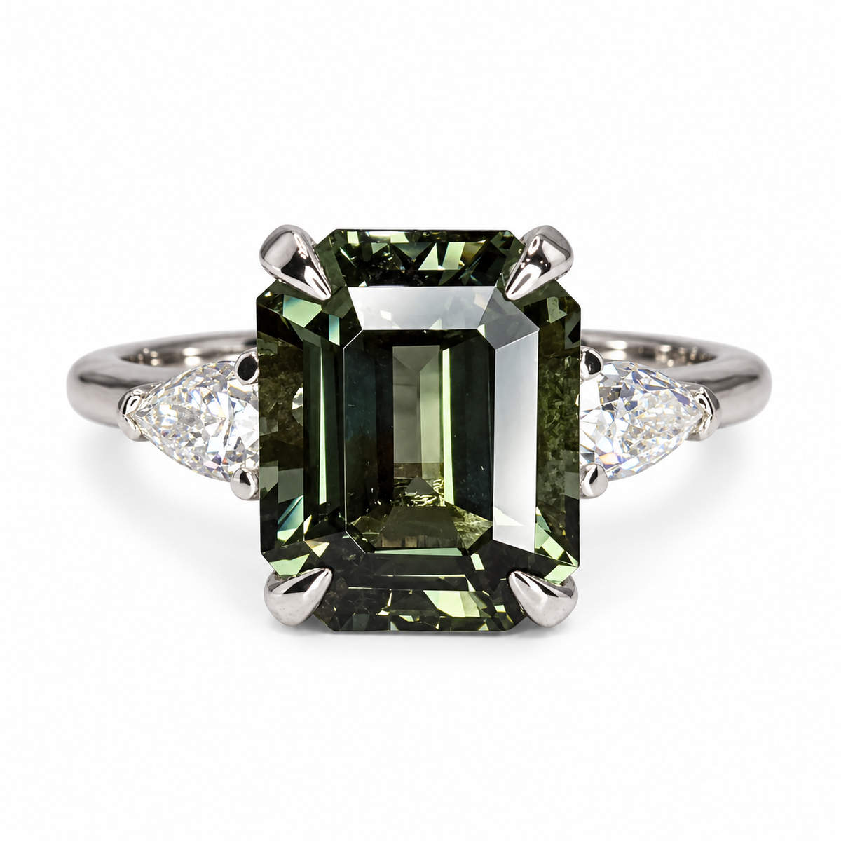 Emerald Cut Olive Green Sapphire Engagement Ring 14K White Gold Unique Vintage Olive Green Sapphire Engagement Ring Green Sapphire Ring 7245