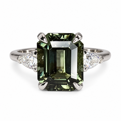 Emerald Cut Olive Green Sapphire Engagement Ring 14K White Gold Unique Vintage Olive Green Sapphire Engagement Ring Green Sapphire Ring 7245
