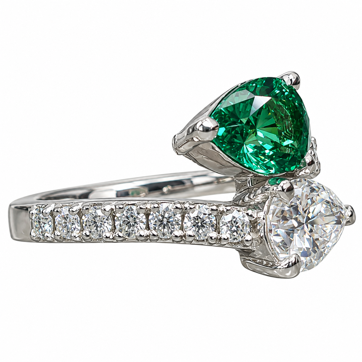 Emerald and Moissanite Pear Shape Bypass Ring White Gold Two Stone Engagement Ring For Women Birthstone Ring Unique Anniversary Rings  #7434