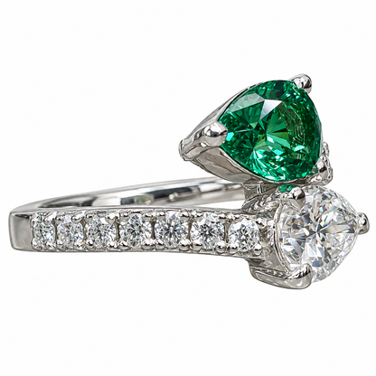Emerald and Moissanite Pear Shape Bypass Ring White Gold Two Stone Engagement Ring For Women Birthstone Ring Unique Anniversary Rings  #7434