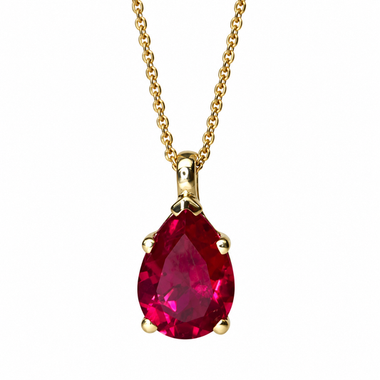 Ruby Pendant Necklace Pear Shape 14K Yellow Gold, Gold Teardrop Shape Simple Solitaire Necklace,  Ruby Pear Shape Pendant Bride Gift   #7019