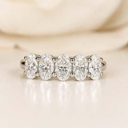Lab grown diamond wedding band, Lab created diamond half eternity band 14k solid gold, 5 stone oval cut diamond ring, cvd diamond ring