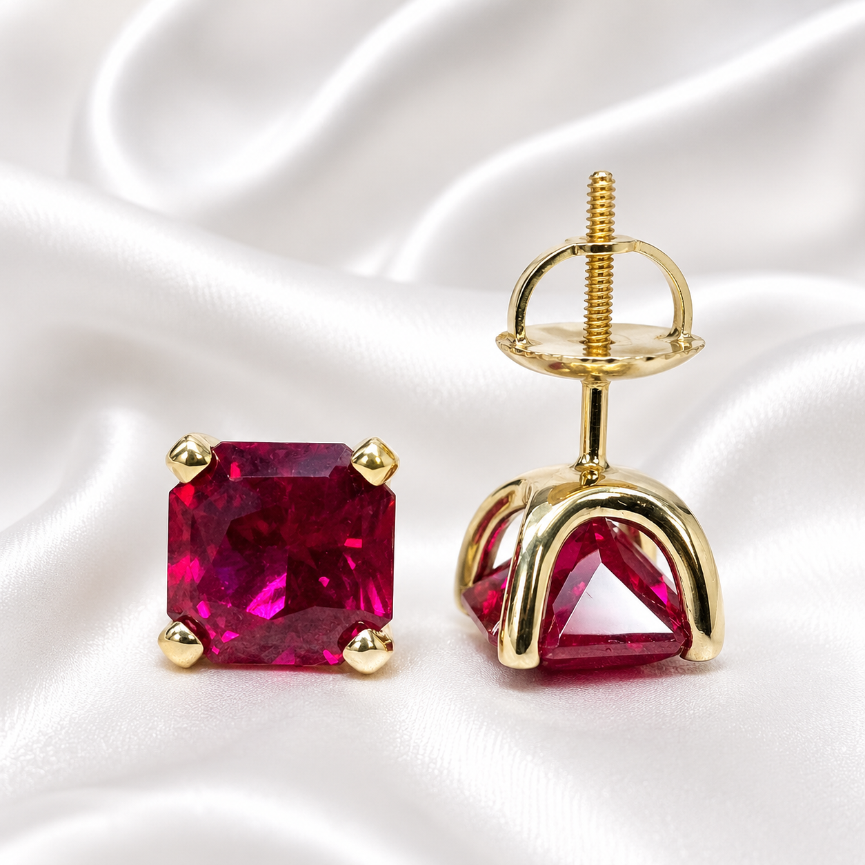 Radiant Cut Studs, 3.50CTW Blood Red Ruby Earring, Dainty Jewelry, 14k Yellow Gold, #6181