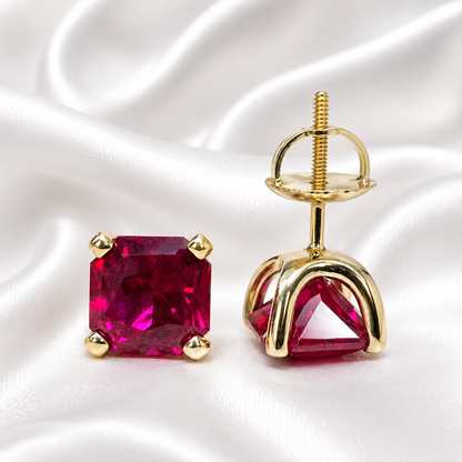 Radiant Cut Studs, 3.50CTW Blood Red Ruby Earring, Dainty Jewelry, 14k Yellow Gold, #6181