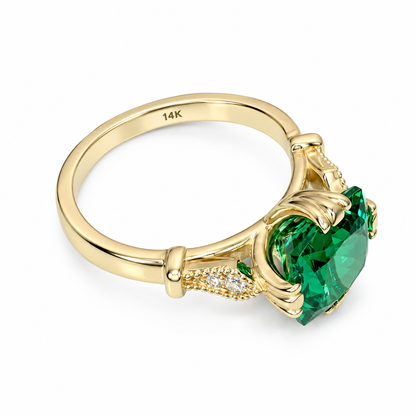 Cushion Cut Emerald And Diamond Engagement Ring, 14k Yellow Gold Cushion Cut Emerald Wedding Ring, Ladies Emerald And Diamond Ring     #5975