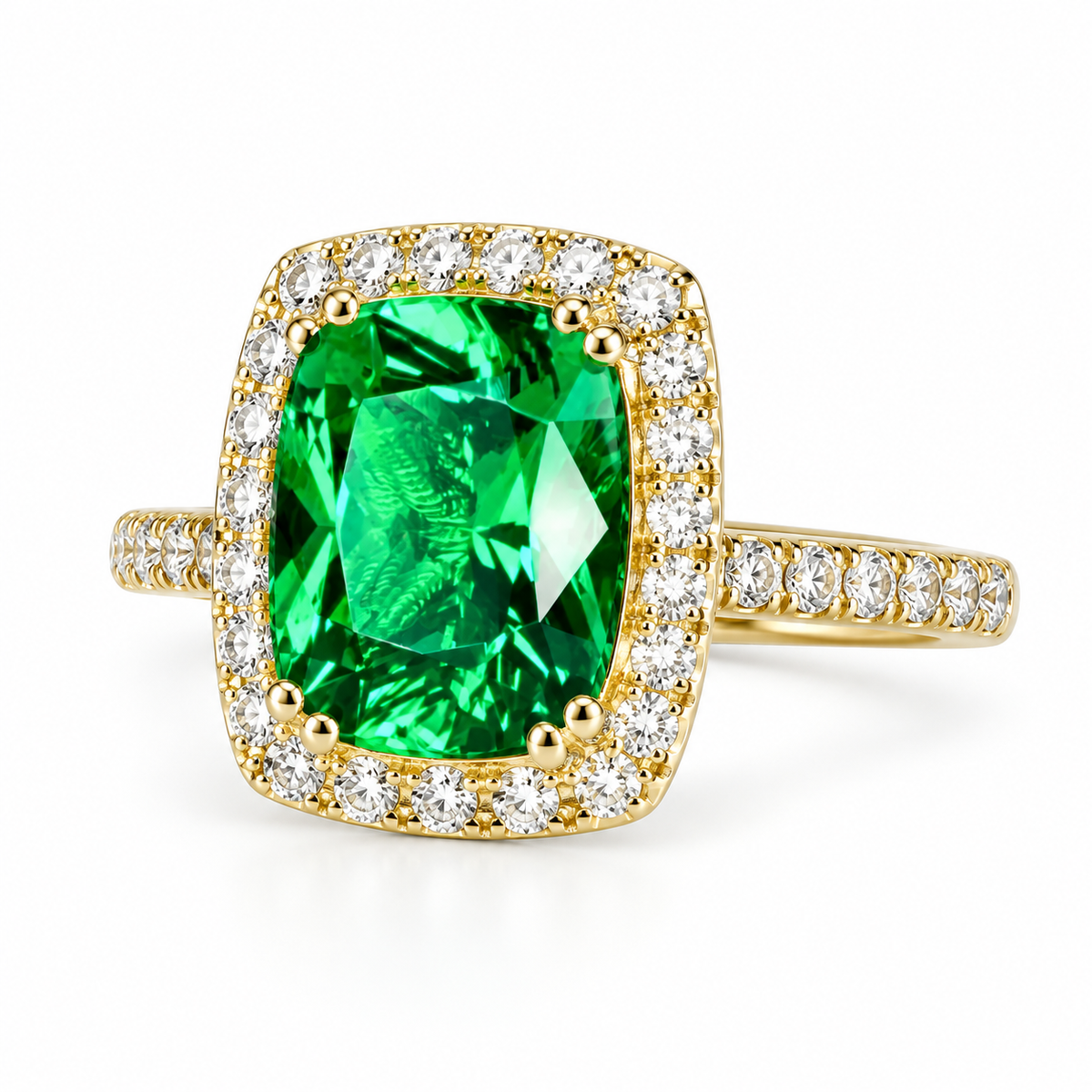 Elongated Cushion Cut Emerald Ring, Diamond Halo Engagement Ring, Green Emerald Engagement Ring, 3.90ctw, 14k Yellow Gold  #6057