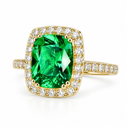 Elongated Cushion Cut Emerald Ring, Diamond Halo Engagement Ring, Green Emerald Engagement Ring, 3.90ctw, 14k Yellow Gold  #6057