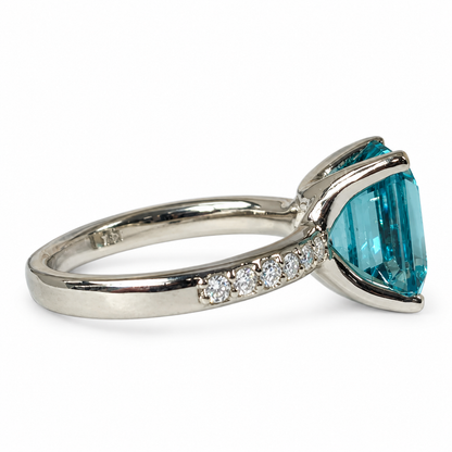 Emerald Cut Engagement Ring / Neon Blue Paraiba Wedding Ring / Paraiba and Moissanite Ring / 14k White Gold / #6268