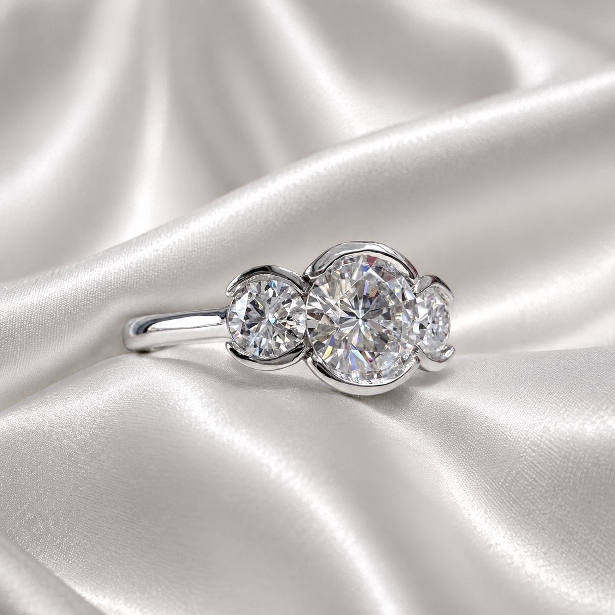 Lab Grown Diamond Engagement Ring Bezel Set , Round Lab Diamond Three Stone Bezel Set Engagement Ring , Trendy Bezel Set Diamond Ring #8814