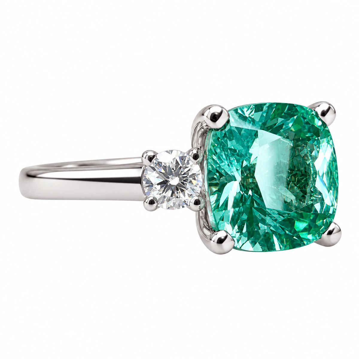 Paraiba Tourmaline Ring, Three Stone Engagement Ring, 14K White Gold, Cushion Cut Paraiba Ladies Ring, Paraiba And Moissanite Ring, #6869