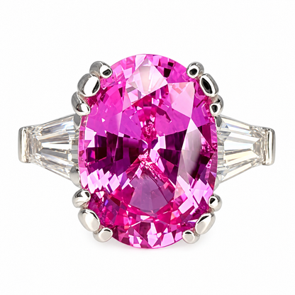 Pink Sapphire Oval Engagement Ring, 14k Yellow Gold Ring, Large Oval Engagement Ring, Three Stone Ring, Sapphire and Moissanite Ring,  #6364