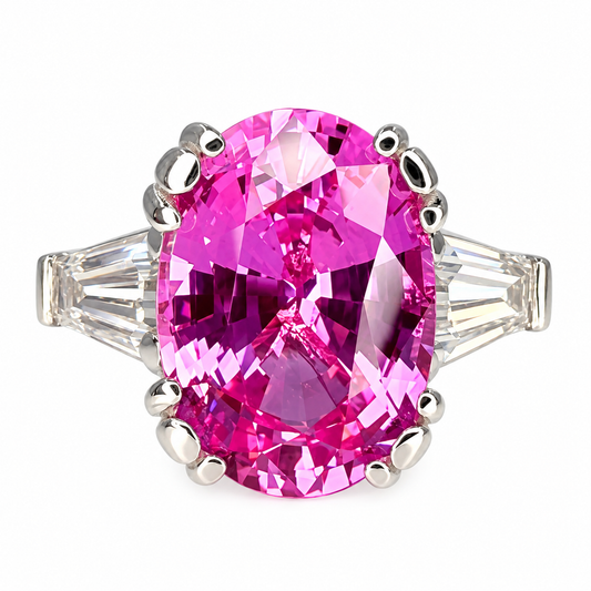 Pink Sapphire Oval Engagement Ring, 14k Yellow Gold Ring, Large Oval Engagement Ring, Three Stone Ring, Sapphire and Moissanite Ring,  #6364