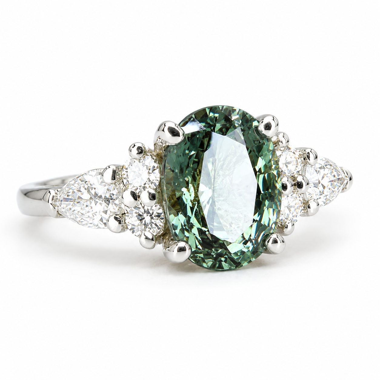 Oval Green Sapphire Engagement Ring 14K Solid Gold, Unique Vintage Oval Cluster Ring For Women, Olive Green Sapphire Engagement Rings #7207