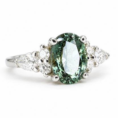Oval Green Sapphire Engagement Ring 14K Solid Gold, Unique Vintage Oval Cluster Ring For Women, Olive Green Sapphire Engagement Rings #7207