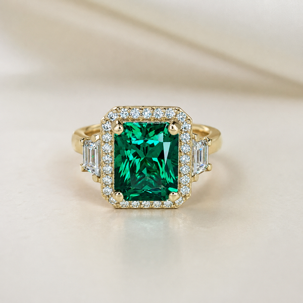 Emerald Engagement Ring, Radiant Cut Wedding Ring, Moissanite Halo Engagement Ring, Mother Ring, May Birth Stone Ring, 14k Gold, #7059