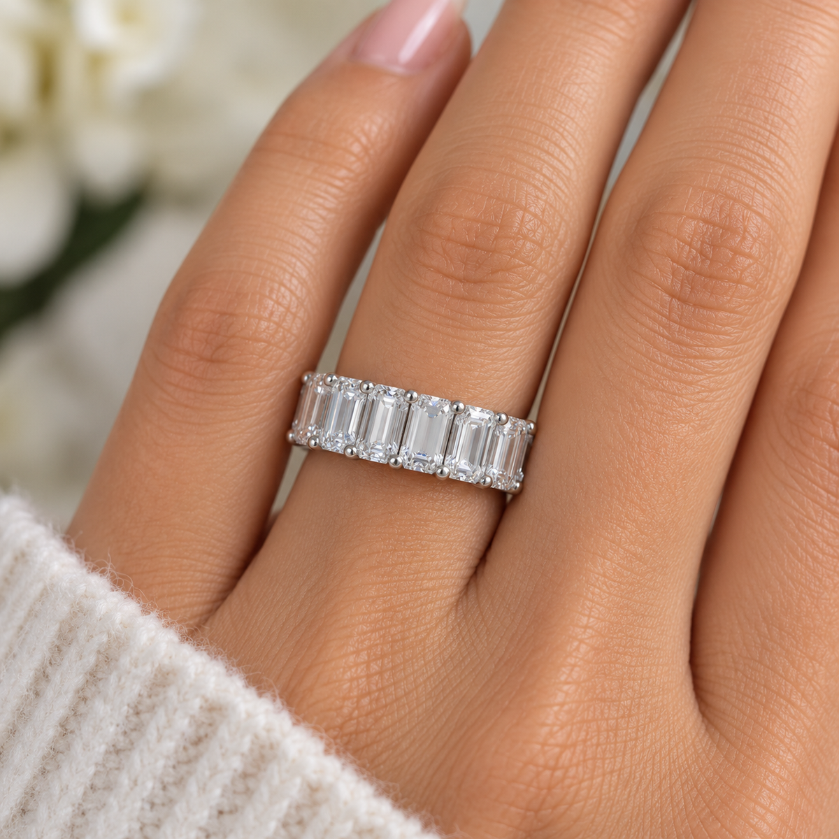 Emerald Cut Moissanite Wedding Band, Seven Stone Emerald Cut Moissanite Anniversary Band, 14k Gold Emerald Cut Moissanite Wedding Ring #5779