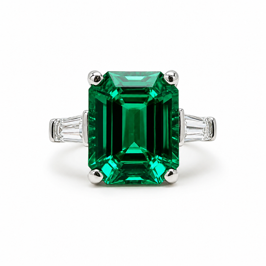 Emerald Cut Emerald Engagement Ring Moissanite Baguettes 14K White Gold  Emerald Green Emerald Cut Engagement Rings Unique Wedding Ring 7363