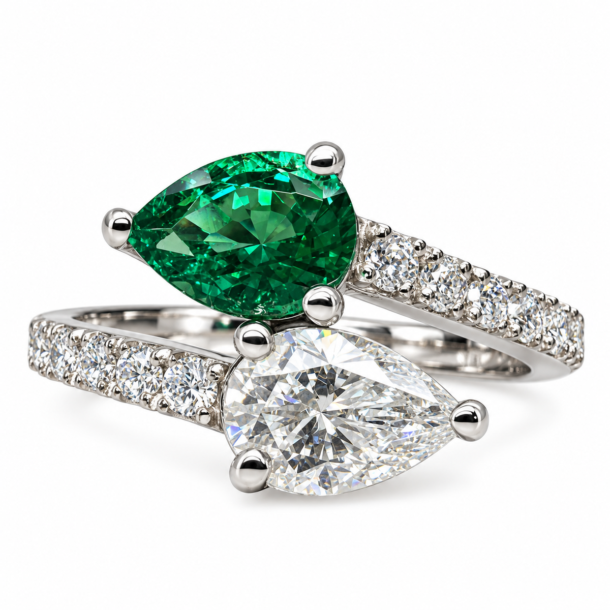 Emerald and Moissanite Pear Shape Bypass Ring White Gold Two Stone Engagement Ring For Women Birthstone Ring Unique Anniversary Rings  #7434