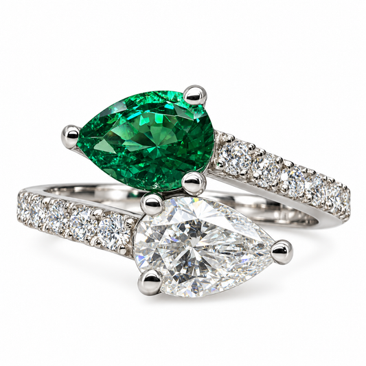 Emerald and Moissanite Pear Shape Bypass Ring White Gold Two Stone Engagement Ring For Women Birthstone Ring Unique Anniversary Rings  #7434